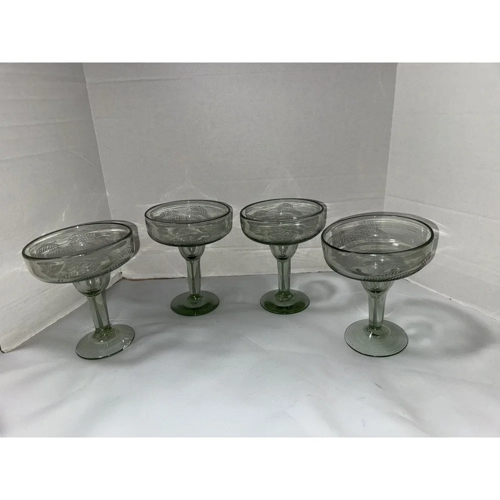 Margarita Glasses‎ Handblown Set Of (4) Green Stem Green Bowl Etched